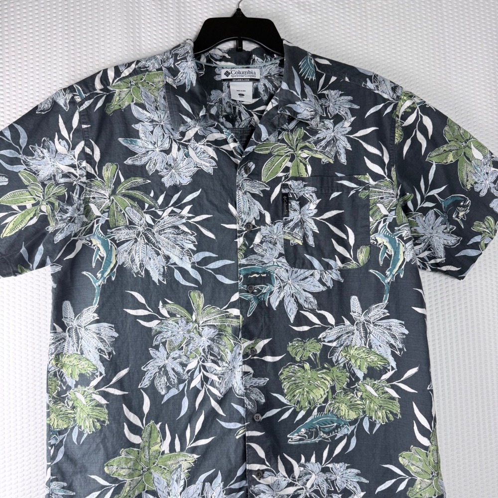Columbia Men L Blue‎ Gray Short Sleeve Button Up Shirt Tropical Fish Floral - Picture 4 of 11